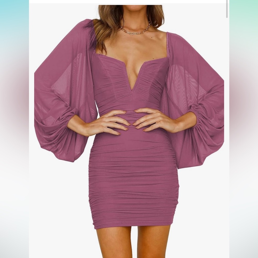 FANTOYE Ruched V Neck Bodycon Lantern Sleeve Mesh Backless Mini Dress in pink